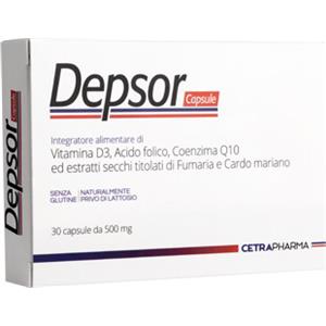 Cetra Pharma Depsor - Integratore alimentare con Vitamina D3, Acido folico, Coenzima Q10 e estratti di Fumaria e Cardo mariano - 30 Capsule da 500 mg