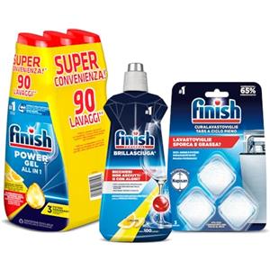 Finish Kit Lavastoviglie; Powergel Detersivo Lavastoviglie Lemon 90 Lavaggi, 1 Curalavastoviglie a ciclo pieno da 3 Pastiglie, 1 Brillantante Limone da 500ml