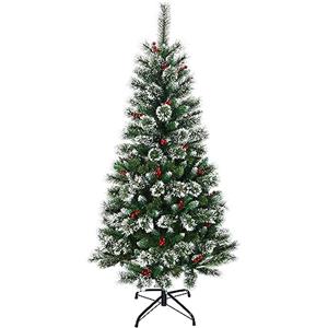 COSTWAY Albero di Natale Innevato 150/180/210/240 cm, Albero di Natale Artificiale con Rami, Bacche Rosse e Base di Metallo, Decorazione Natalizia per Casa, Negozio e Ufficio (150 CM)