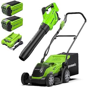 Greenworks Tosaerba a batteria + soffiatore a batteria (93 km/h, 14,2 m³/min) per superfici fino a 500 m², larghezza di taglio 41 cm, sacco da 50 litri Plus due batterie da 40 V 2 Ah con caricatore