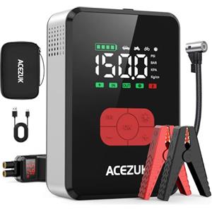 ACEZUK Avviatore Batteria Auto 8000A &150PSI, Avviatore Emergenza per Auto/Moto con Compressore 12V（Tutti Gas o 12L Diesel）600LUMEN LED/3.4LCD