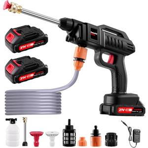 LeadGoods Rondella ad alta pressione senza fili, 21 V, 60 bar, batterie portatili 2x2000 mA, ugello girevole 6 in 1, spruzzatore di schiuma, tubo 5 m, per pulizia