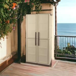 Dmora - Armadio da esterno Avelgem, Armadio balcone multiuso, Mobile porta scope 2 ante, 100% Made in Italy, 70x47h178 cm, Beige e Marrone, Finitura quadri