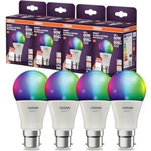 OSRAM Lampada LED SMART A60 forma lampadina B22D, 9W ZigBee 3.0, RGBW 16 milioni di colori, dimmerabile, controllo app, Alexa,4-Pack