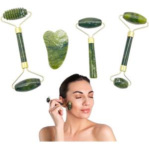 OHYER Gua Sha Tool for Self Care Gua Sha Viso Naturale Vera e Rullo Di Giada Massage Tool for Face and Body Treatment Dermaroller Strumento per il raschiamento dei muscoli Rilassa la pelle (L-4)