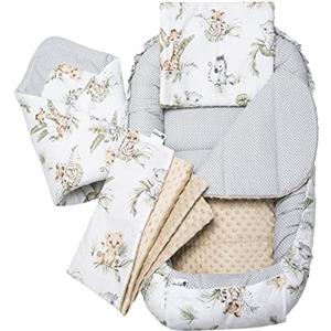 Medi Partners Riduttore Lettino Neonato - 100x60x15 Nido Antisoffoco Neonati 5-Parti Bozzolo Culla per Bebè neonata bilaterale Cuscino 100% Cotone (Safari con Minky beige)