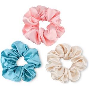 GlasFlength Scrunchies per Capelli Seta, 3 Pezzi Grande Elastici Capelli Donna Morbido Elegante Elastici per Capelli Stoffa Raso per Donne e Ragazze Accessorio (Rosa + Azzurro + Champagne)