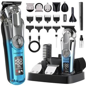 PORTENTUM Tagliacapelli uomo professionale LED - Set da 21 pezzi - Macchinetta per capelli e corpo di precisione - Rasoio elettrico barba - 6 Testine - 7 Pettini - USB-C - Base Organizzatore Compatta