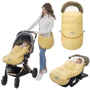 LAT LEE AND TOWN Sacco Termico Invernale per Passeggino Universale, Coprigambe Passeggino Universale con Sezione di Prolunga Staccabile, Impermeabile Sacco Passeggino Invernale (Colletto di Pelliccia, Giallo)