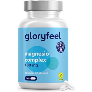 Gloryfeel Magnesio Completo 400 mg - 365 Capsule - Premium 5 in 1: Bisglicinato, Citrato, Ossido, Malato e Ascorbato - Magnesio Elementare, Bioattivo e Altamente Dosato - Testato in Laboratorio e Senza Additivi
