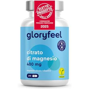 Gloryfeel Magnesio Citrato, 210 Capsule, Eletto PRODOTTO DELL'ANNO 2025, Magnesio contro Stanchezza e Affaticamento, 400 mg per Dose Giornaliera, Senza Agenti Antiagglomeranti, Qualità Tedesca, Vegano