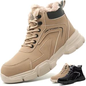 SPSHOOS Scarpe Antinfortunistiche Invernali Uomo Donna Scarpe da Lavoro Stivali di Sicurezza Antiscivolo Impermeabili Caldi con Puntale in Acciaio Marrone Cachi 44
