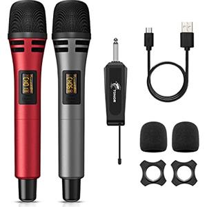 TONOR Microfono Senza Fili, UHF Sistema Wireless Microfonico Dinamico Portatile in Cordless con Ricevitore Ricaricabile, per Amplificatore, Sistema PA, Macchina da Karaoke, Grigio e Rosso