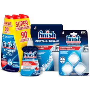 Finish Kit Lavastoviglie; Finish Powergel Detersivo Lavastoviglie Fresh 90 Lavaggi, 1 Curalavastoviglie a ciclo pieno da 3 Pastiglie, 1 Brillantante Regular da 250ml, Cristalli di Sale 1kg