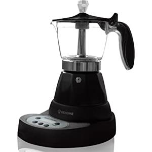 BEHOME Caffettiera Elettrica Programmabile Moka Elettrica 3 Tazze con Timer, Caffè Caldo per 30 Minuti, Base Rotante a 360°, in Alluminio Nera (Con Timer)