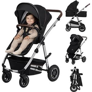 LIONELO Amber Passeggino 2in1 Duo Passeggino da 0 a 48mesi con Seduta secchiello + Navicella per neonato e bambini a 22kg Regolabile, pieghevole e leggero Ruote grandi Cappotina XXL (NeroArgento, Big)