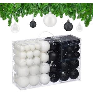 Relaxdays Palline di Natale, Set 100 Palle Albero, Addobbi Natalizi, Opache, Lucide e Glitter, ∅ 3, 4, 6 cm, Nero Bianco