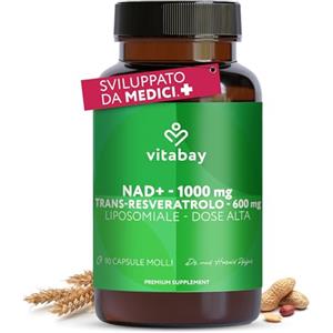 Vitabay NAD+ Liposomiale 1000mg con 600mg Trans-Resveratrolo - 90 Softgel Vegani Testati in Laboratorio - Integratore di NAD+ ad Alta Dosi e Biodisponibilità