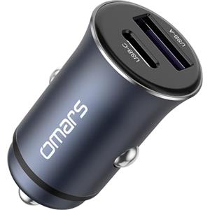 Omars Caricabatterie Auto USB C 35W + USB A 18W - Caricatore Rapido QC3.0 per iPhone 14/15/16, Samsung S21/S22, Huawei, iPad, AirPods - Doppia Porta, Design Metallo, Universale