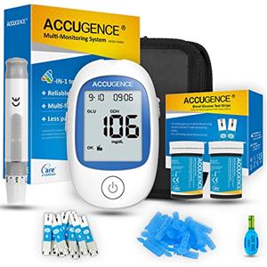 ACCUGENCE Misuratore Glicemia,Glucometro,Diabete Test Kit Glucosio Nel Sangue Con 50 strisce glicemia, E 3en1 Glucometro Multifunzione (Glicemia, Acido Urico, Chetone)