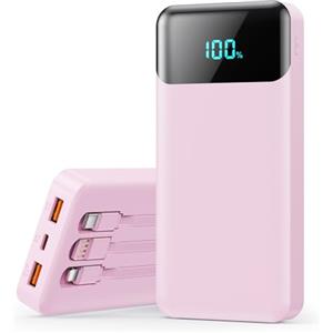 QODJN Power Bank 26800mAh, Powerbank con Cavi Integrati 25W PD Ricarica Rapida Caricatore USB C Portatile con 5 Uscite & 2 Ingressi Batteria Esterna con LCD Display per iPhone 16/15, Samsung ect (Rosa)