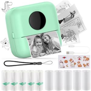 HuiJuKeJi Mini Stampante Fotografica,Stampante Termica,immagine per foto, stampa di ricevute,stampante fotografica,con 10 rotoli di carta 1 adesivo per smartphone, per Fotografica Note Elenco Memo (Green)