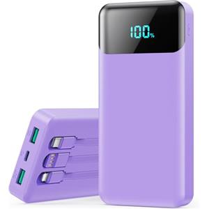 QODJN Power Bank 26800mAh, Powerbank con Cavi Integrati 25W PD Ricarica Rapida Caricatore USB C Portatile con 5 Uscite & 2 Ingressi Batteria Esterna con LCD Display per iPhone 16/15, Samsung ect