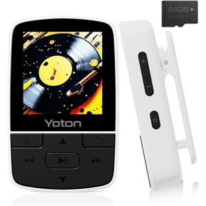 YOTON 64GB Lettore Musicale con Bluetooth 5.2, Mini MP3 Sportivo Portatile con Clip, Suono HiFi Senza Perdita, Radio FM, Cronometro, Registratore, Contapassi, Ecc., con Auricolari, Bianco