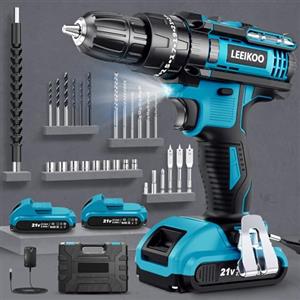 LEEIKOO Trapano Avvitatore a Batteria 21V, 2 Batterie 2.0Ah, 25+3 Coppie, Max 45N.m, 10mm Mandrino Autoserrante, LED Luce, 2 Velocità, 28PCS Accessori, per Riparazione, Fai da te