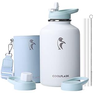 Coolflask Borraccia Termica 2L in Acciaio Inox con Custodia Pelle PU e Coperchio Cannuccia, Borraccia Isolata per Sport Palestra Campeggio Trekking Viaggio, Mantiene Freddo 48h Caldo 24h, Bianco