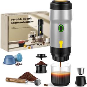 ICARE Macchina Caffè Espresso, Macchina Caffe Portatile 3-in-1, 20BAR Pressione, 92°C Estrazione, Batteria 7500mAh, Ricarica USB/Auto, Caffettiera Portatile per Capsule e Caffè Macinato (Argenteo)