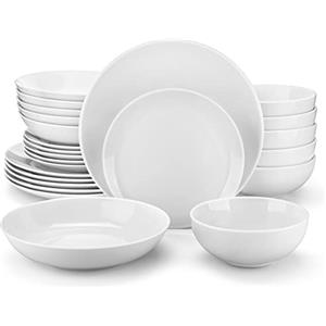 MALACASA Set Servizio Tavola 24 Pezzi, con 6 Piatti Fondi/ 6 Dessert/ 6 Piani/ 6 Ciotola, Bianca per 6 Persone Gourmet in Porcellana Adatto per Lavastoviglie e Microonde, Serie AMELIA