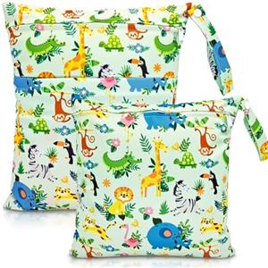 HOTLIKE Borsa Pannolini Riutilizzabile, 2Pcs Wetbag Borsa per Pannolini Impermeabile Organizzatore Neonato Sacchetto del Pannolino con Doppia Cerniera Bambino Bag per Viaggi Spiaggia Gym (Zoo)