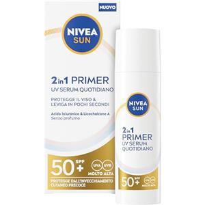 NIVEA SUN 2in1 Primer UV Serum Quotidiano SPF50+ 30 ml, Siero SPF 50+ viso per una pelle protetta e levigata, Protezione solare viso dal finish invisibile ideale come base per il make up