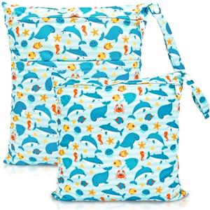 HOTLIKE Borsa Pannolini Riutilizzabile, 2Pcs Wetbag Borsa per Pannolini Impermeabile Organizzatore Neonato Sacchetto del Pannolino con Doppia Cerniera Bambino Bag per Viaggi Spiaggia Gym (Delfino)