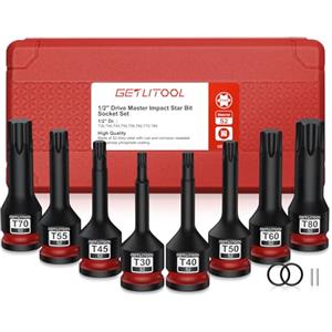 GETLITOOL Set 8PZ 1/2 Inch Bussola a Brugola Torx T30-T80 in Acciaio S2, Corredo di Bussole a Impatto Lungo 78mm, 8x Bussole Esagonali a Stella per Chiave Pneumatica Dinamometrica con Valigetta