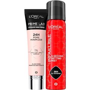 L'Oreal Paris L'Oréal Paris Prime Lab Primer Fissante 24h Pore Minimizer Base Trucco per Pelle Uniforme 30ml + Infaillible 3-Second Setting Mist Spray Fissante per Trucco Viso 36H Waterproof 75ml - Set da 2