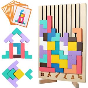XWUX Puzzle di Legno 3D Tetris, Tetris Gioco per Bambini, Giochi Montessori, Giocattoli Educativi, Puzzle Legno di Intelligenza con 10 Carte e Borsa Portaoggetti, Regali per Bambini di 3, 4, 5 e 6 Anni
