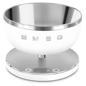 Smeg, Bilancia da Cucina Digitale KSC01WHMWW, Ciotola in Acciao Inox Removibile, Quattro Unità di Misura g/ml e lb.oz/fl.oz, con Funzione Tara, Portata Massima 5kg, Bianco