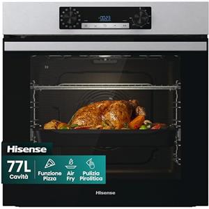 Hisense BI64211PX, Forno Multifunzione Termoventilato, Cavità XXL 77L , Auto Pulizia Pirolitica, 13 funzioni di cottura, Funzione pizza 300°C, Cottura AirFry, Cottura Multifase, Display Led