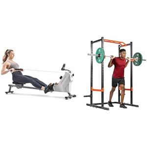 Sunny Health & Fitness Compact Folding Magnetic Rowing Machine w/ 109 CM Slide Rail, 130 KG Max + Power Zone Strength Rack Power Cage - 455 KG Weight Capacity, Spotter Bar, Angled Pull-Up Ba