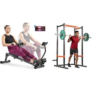 Sunny Health & Fitness Smart Compact Adjustable Rowing Machine, 12 Levels Adjustable Resistance + Power Zone Strength Rack Power Cage - 455 KG Weight Capacity, Spotter Bar, Angled Pull-Up Ba