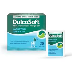 DulcoSoft Lassativo con Macrogol, Rimedi Stitichezza Adulti e Bambini - Senza Glutine, Senza Zucchero, Lassativo Delicato per Irregolarità Intestinale, Stipsi (28 Bustine)
