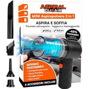 Eurocali Aspirapolvere Aspirabriciole Senza Fili Auto Casa e Ufficio - Mini Aspiratore e Soffiatore Portatile 2in1 Aspiral DuoAir Ricarica Rapida USB e 4 Accessori Inclusi - Dimensioni 14x15,5x5,5cm