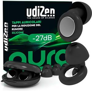 Udivita Tappi per Orecchie Antirumore per Viaggiare Dormire Studiare UdiZen Aura -27dB Insonorizzanti - 1 Paio Inserti Auricolari Ergonomici Riutilizzabili Riduzione Rumore SNR 27dB Colore Nero con Custodia