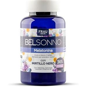 FRAU BEL SONNO Melatonina 365 Compresse Masticabili, Un Anno di Scorta, Integratore Alimentare per Favorire il Sonno con Valeriana, Camomilla, Lavanda e Vitamina B6, Gusto Mirtillo