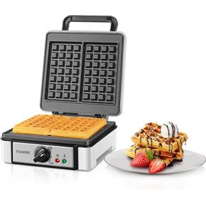 FOHERE Macchina per Waffle Doppia, Temperatura Regolabile, Rivestimento Antiaderente, Piastra Waffle Elettrica, Waffle Maker a 2 Fette, Manico a Tocco Freddo, Piastra per Waffle 1200 W