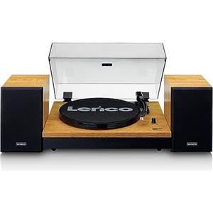 Lenco LS300WD - Giradischi stereo con altoparlanti, Bluetooth, Contrappeso regolabile, Trasmissione a cinghia, MMC, RCA, Arresto automatico, Cappuccio antipolvere, Colore Legno