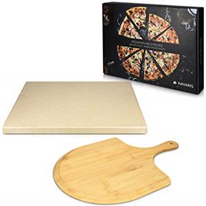 Navaris Pietra Refrattaria per Cottura Pizza - per Cuocere nel Forno di Casa Pane Pizze - Teglia Rettangolare 38x30cm Cordierite 800° con Pala Bambù
