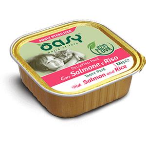 Oasy Delizioso Paté per Gatti Adulto Sterilizzato con Salmone e Riso - Vaschetta da 100 gr